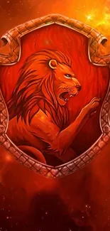 Majestic lion emblem in fiery red tones on mobile wallpaper.