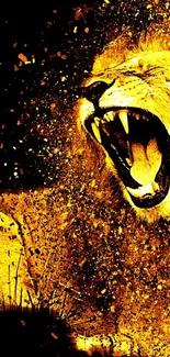 Fierce lion roaring with explosion effect in gold tones.