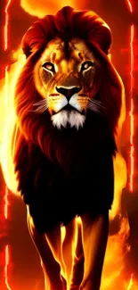 Majestic lion with fiery backdrop, vibrant and intense.