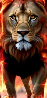 Fierce lion surrounded by flames in vibrant mobile wallpaper.