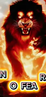 Fierce lion emerging from fiery flames in vibrant artwork.