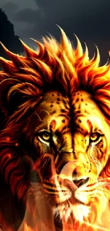 A fierce lion with a fiery mane set against a dramatic background.