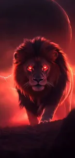 Fierce lion with glowing red eyes amid lightning.