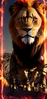 Majestic lion in a fiery scene, perfect for mobile wallpaper.