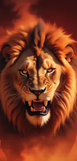 Fierce lion in fiery orange background wallpaper.