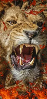 Fierce lion with open mouth amidst blazing flames in dynamic wallpaper.