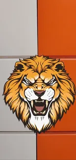 Fierce lion illustration on orange and gray background.