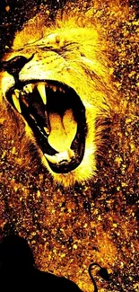 Fierce golden lion roaring intensely with a powerful expression.