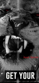 Black and white roaring lion with fierce expression.