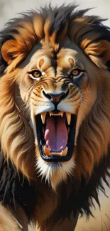 Fierce lion roaring with a powerful expression.