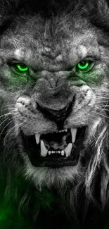 Black and white lion with glowing green eyes, fierce and captivating.