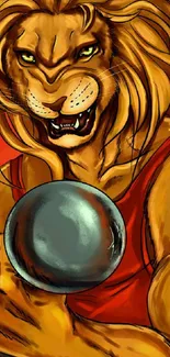 Artistic illustration of a lion warrior holding a metallic orb.