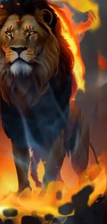 Majestic lion with fiery mane and aura in dramatic wallpaper.