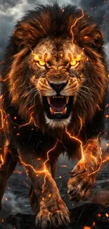 Fierce lion with fiery lightning background.