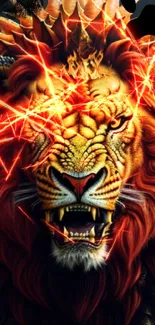 Fierce lion with fiery mane and lightning details on wallpaper.