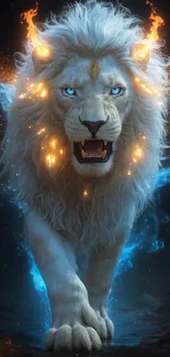 Majestic lion with fiery mane glowing in blue light