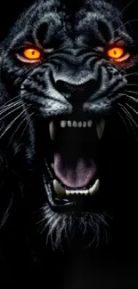 Fierce lion with glowing orange eyes on dark background