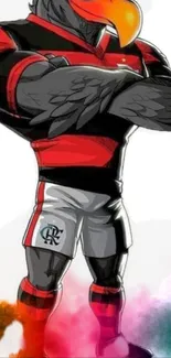 Dynamic cartoon mascot in red and black, crossing arms.