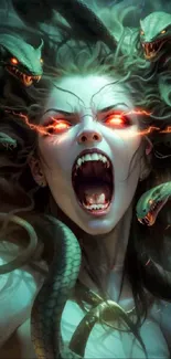 Medusa with snake hair and glowing eyes, fierce expression shown.