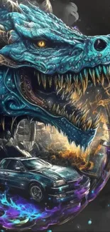 Blue dragon and car intertwined in fiery fantasy artwork.