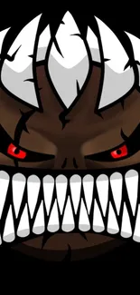 Vivid monster face with red eyes and sharp teeth on a black background.