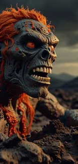 Fierce monster with orange eyes in a dark landscape.