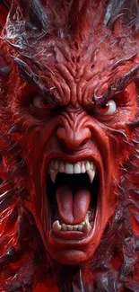 Fierce red monster with intense expression and sharp teeth.