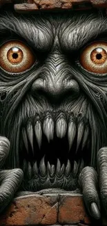 Monstrous face artwork with intense eyes and dark tones for wallpaper.