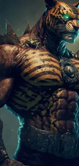 Fierce mutant tiger warrior with glowing eyes in fantasy art wallpaper.