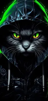 Fierce neon cat in hoodie with glowing green eyes on a dark background.