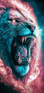 A vivid neon lion with a fierce expression and electric blue flames.