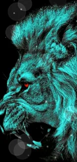 Neon cyan lion with fierce expression on a black background.