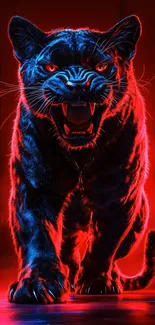 A fierce neon-lit panther exudes power and intensity.