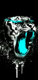 Fierce neon tiger with blue accents on black background.