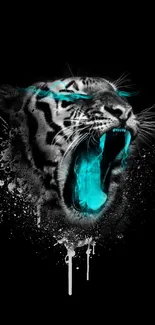 Roaring tiger with neon cyan highlights on black background.