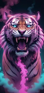 Fierce neon tiger with glowing eyes and vibrant colours.