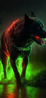 A neon wolf walking by a glowing green stream.