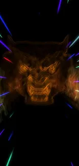 Fierce neon wolf with colorful beams in dark background.