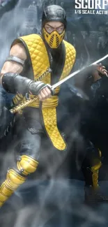 Ninja warrior in yellow armor with sword in a smoky setting.