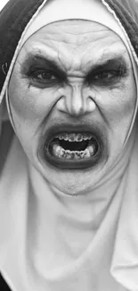 Fierce nun in black-and-white horror wallpaper.