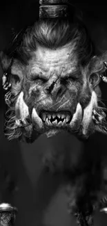 Fierce orc warrior's face in grayscale art.