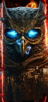 Owl warrior with blue eyes surrounded by fire in digital art wallpaper.