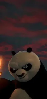 Panda warrior holding a flame amid dark skies.