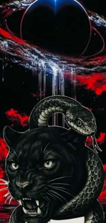 Panther and snake under cosmic phenomenon wallpaper