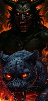 Fierce panther and demon illustration in fiery colors for mobile wallpaper.