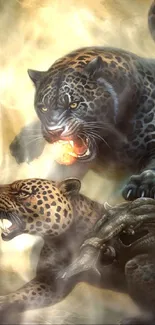 Fierce panther and jaguar in dramatic jungle scene.