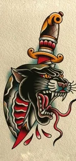 Traditional tattoo of a panther and dagger in vintage style on mobile wallpaper.