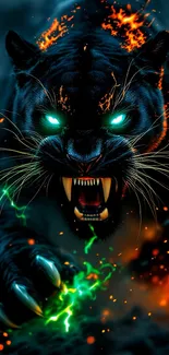 Fierce panther with fire and neon glow in dynamic mobile wallpaper.