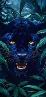 Panther in dense jungle with green leaves.