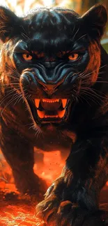 Fierce panther in jungle scene with orange backdrop.